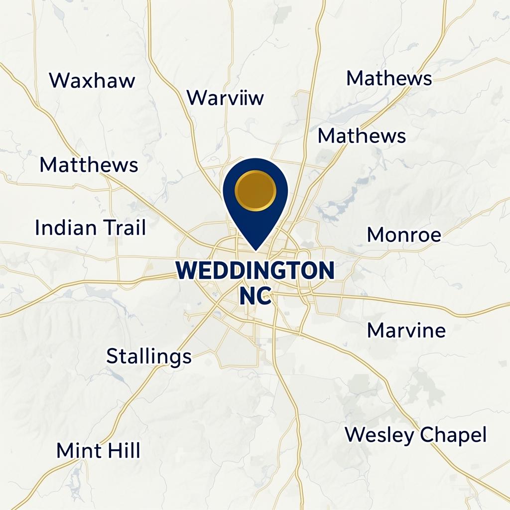 Service area map showing Weddington NC and surrounding communities for garage door repair
