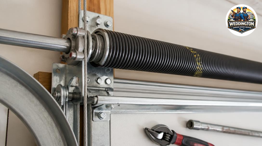 Close-up of a garage door torsion spring and cable system